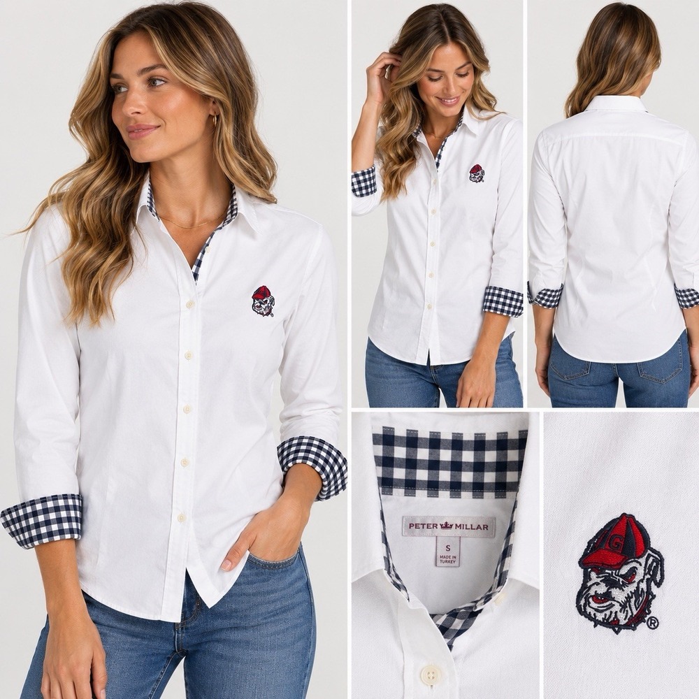 peter millar georgia bulldogs flip cuff button up womens Gingham